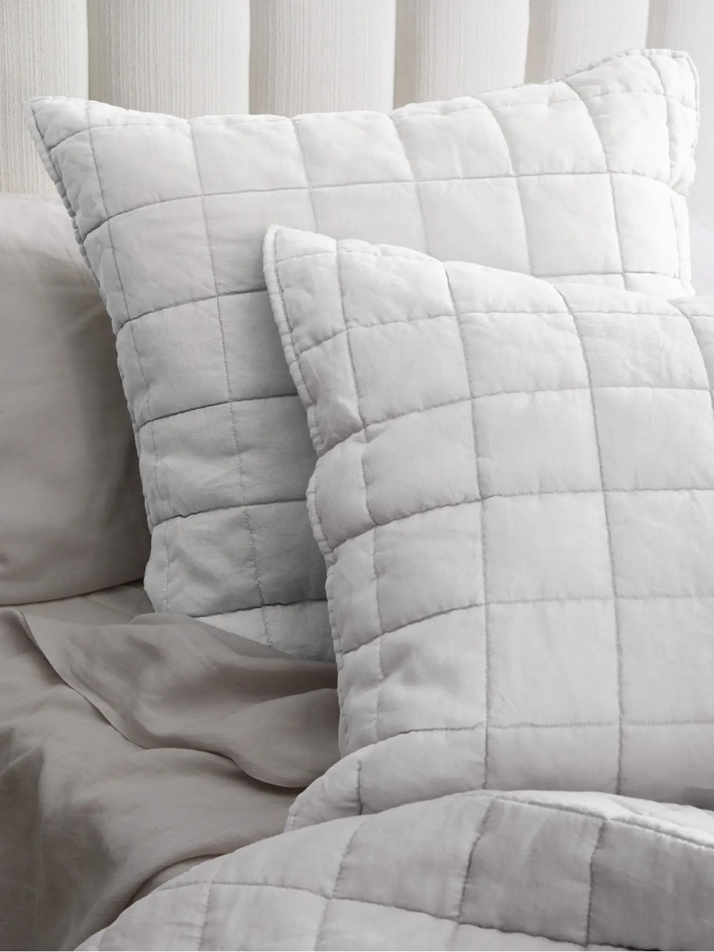 Quince White Quilted Grid Stitch European Linen Box Sham Pillow Covers Set of 2